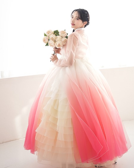 [ 한복대여 ] 시스루 그라데이션 복숭아 핑크피치 캉캉무지기 여자한복