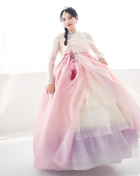 [ 한복대여 ] 시스루 그라데이션 프리지아 핑크 캉캉무지기 여자한복
