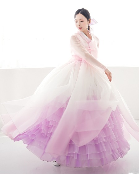 [ 한복대여 ] 시스루 그라데이션 쥬시 핑크퍼플 캉캉무지기 여자한복